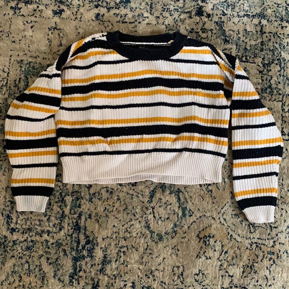 Brand: PS/LA, Size: XS women’s, Color: white, yellow, and dark blue strips